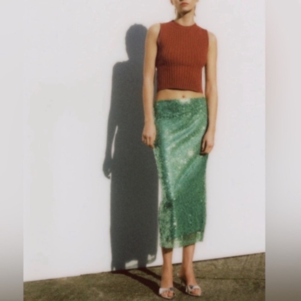 ZARA Sea Green Sequin Lace Pencil Skirt - Picture 5 of 16